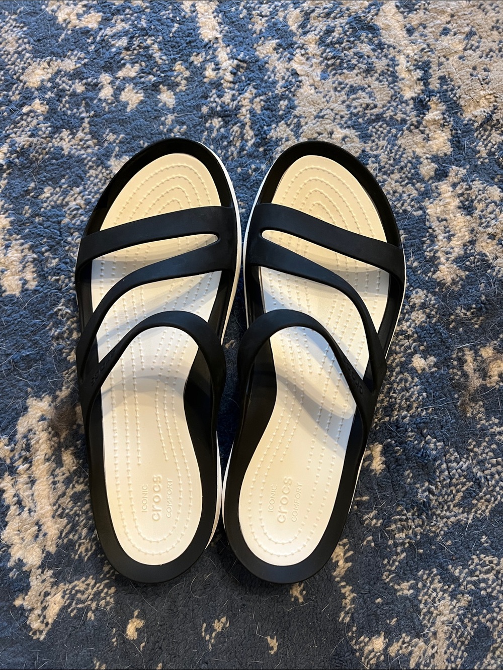 CROCS Black and White Strappy Slide Sandals
